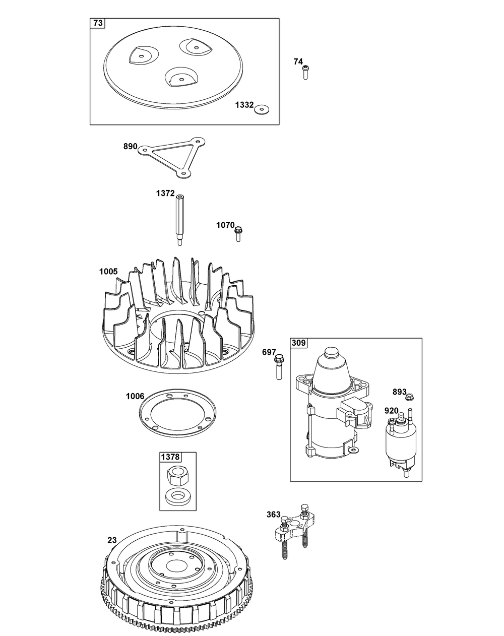 Flywheel, Ignition, And Starter Group Diagram and Parts List for 61G877-0003-J1 400000 - 699999 Briggs and Stratton Engine